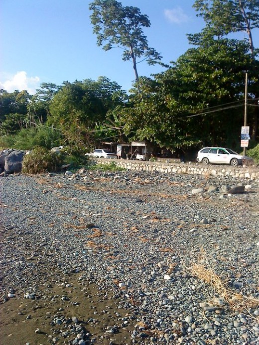 Cars travelling along a main road, bordered by the sea (St. Thomas, Jamaica). 