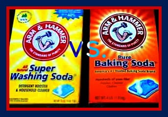 A side-by-side comparison of packaging for Washing Soda and Baking Soda.