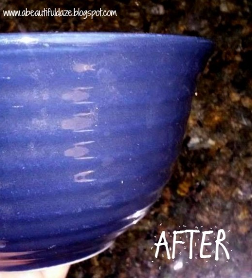 The same blue bowl but no longer with hard water stains or dried soap encrusted on the sides of it.
