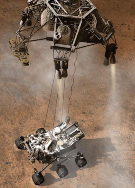 Artists rendition of the landing of the Curiosity rover on the surface.