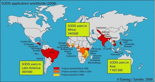 Worldwide use of solar water treatment in bottles, in 2008