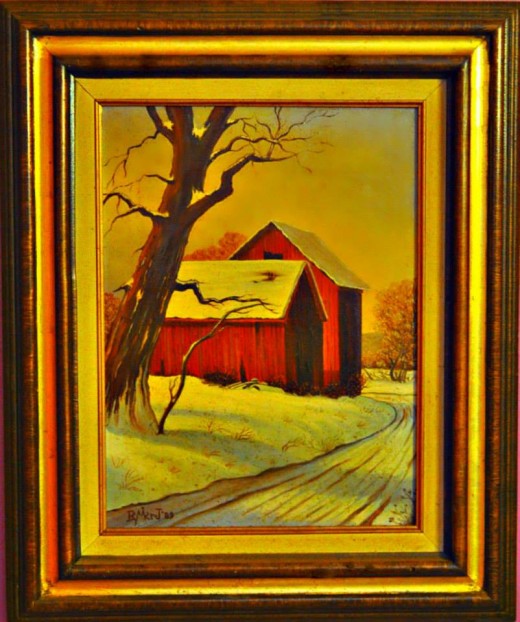 A very rustic and moving “Winter and the Red Barns” painting by Ray Mikrut. The view from the heart was always the theme in his paints. 