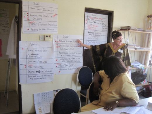 Kathy Stutzman facilitating in Ghana on "local dress day". Wearing the appropriate hat creates bonds