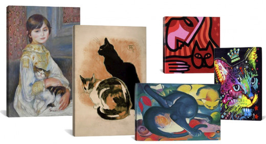 Canvas Prints, Left to Right: #1301 Julie Manet with Cat 1887, #VAC148 Two Cats By Steinlen, #1901  Two Cats (Blue and Yellow) By Franz Marc, Cat, #JNN4 Woman By John Nolan, #4211 Thinking Cat Crowned By Dean Russo. Available at 