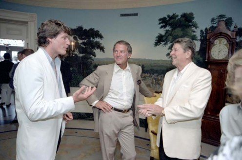 Christopher Reeve, right, speaking with President Ronald Reagan and Frank Gifford