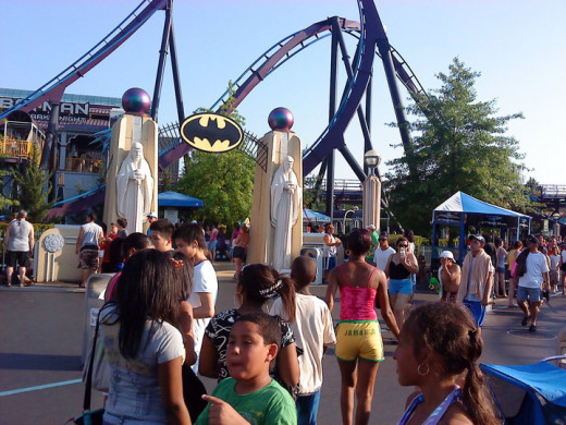 Heading for the Batman ride with my son at Six Flags, New England