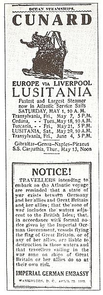 1915 German ad in New York Times Warning Travelers that Passenger Ship Lusitania would be torpedoed