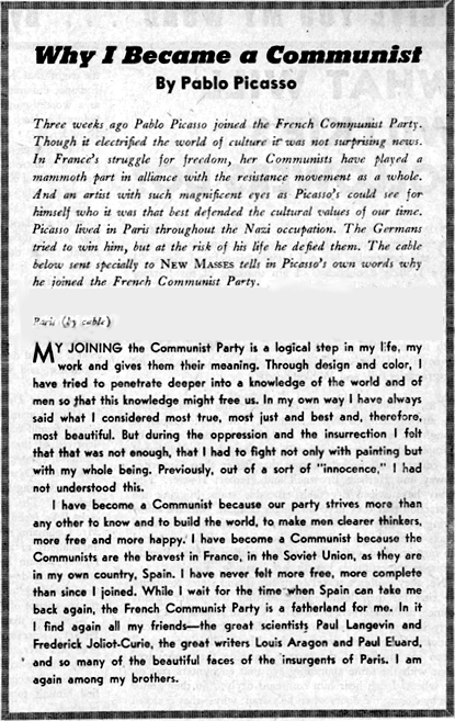"Why I Became a Communist" by Picasso New Masses, 1945