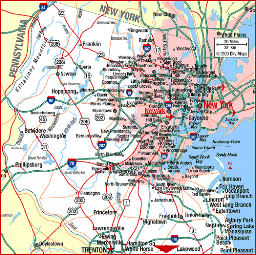 Map #1 lays out all state, interstate and US highways, as well as toll roads, in the northern half of the state of New Jersey. 