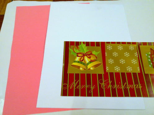 color papers, white card and used Christmas wrapper