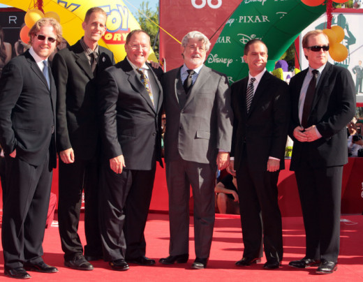 From left to right: Andrew Stanton, Peter Docter, John Lasseter, George Lucas, Lee Unkrich and Brad Bird at an undated function. George Lucas' created the small computer graphics outfit in 1979. that became Pixar.