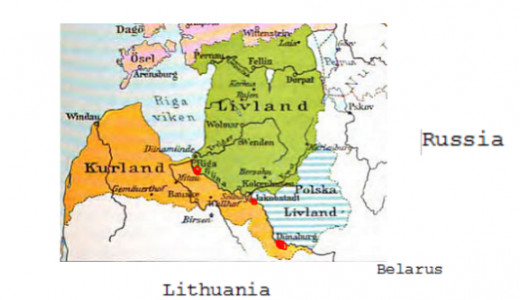 The green is Sweden. The orange is Courland and striped blue Lithuanian-Poland. Pink is Estonia. The red dots are Riga, then Jekabpils and finally Daugavpils. 