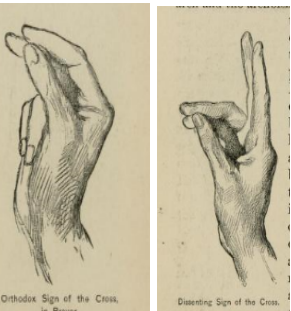 Orthodox crossing of himself. Two fingers joined with thumb, they use three fingers all together.1  Old believer crossing of himself, two fingers.2 