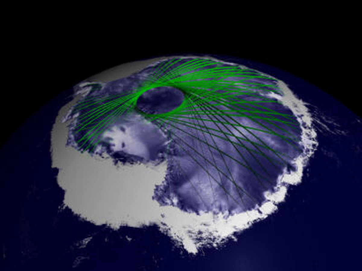 Cette image montre comment ICESAT capture le réseau de satellites qui sillonnent le globe en laissant un trou noir de recherche d'informations au vrai pôle Nord.