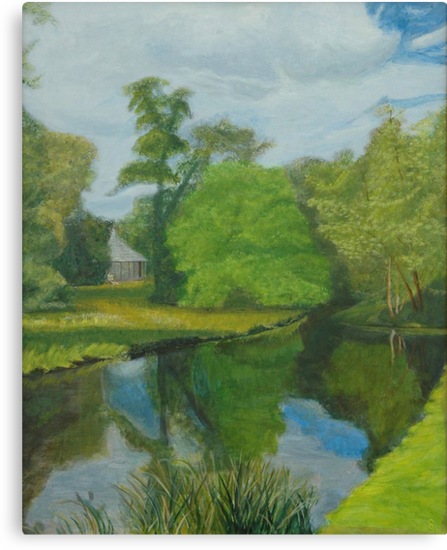 Can you see where the pixies are hiding in this acrylic version of a typical Capability Brown landscape? Capability Brown was an 18th century designer of gardens in England and he was famous for creating water features.