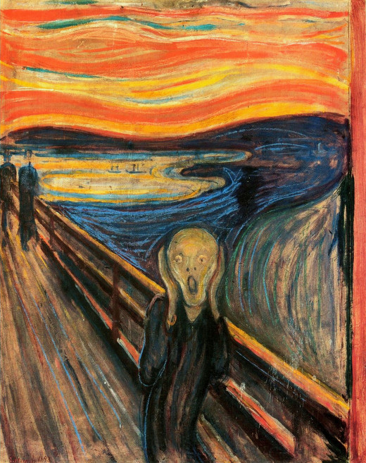 Evard Münch was an Expressionist painter. Expressionism was all about expressing emotion. In this painting, the colors remind blood, and the world looks melting in despair. The horizon is distorted and looks like it is convulsing in pain
