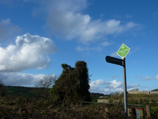 Here you can see the Whitcombe cross signpost. To the right of the post is the castle in the distance. The distant ridge off to the left of the post is the Tennyson trail, which will be your route back into Newport. 