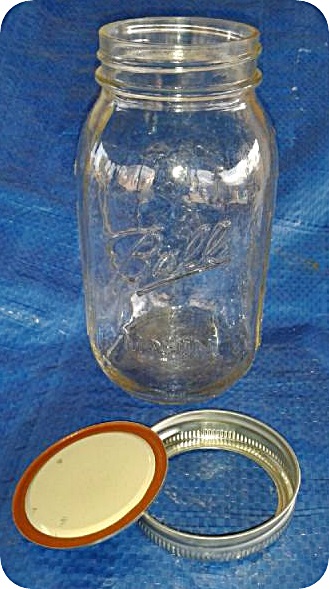 Mason/Ball jar with seal and ring.