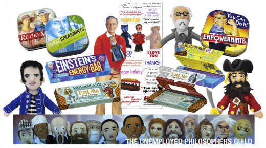 (l to r, from the top): Retiremints, Shakespearmints, Mr. Rogers Quotable Notable Card Set, Sigmund Freud Magnetic Finger Puppet, Empowermints, Elvis Finger Puppet, Einstein’s Energy Bar, Wonderland ““Eat Me” Bar, and Bluebeard Finger Puppet. 