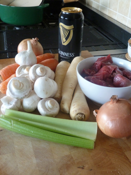 Gathering the ingredients for the beef stew! In this instance we used regular onions instead of shallots and added some parsnip.