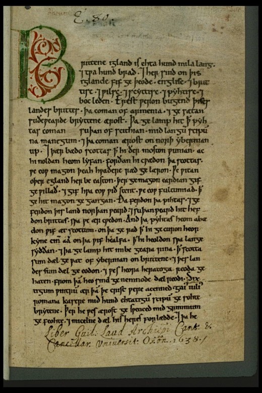 Initial page of the Peterborough Chronicle (E) - this version of events was written in the vernacular (Danelaw English) and was continued up to the time of King Stephen's death in  AD1154