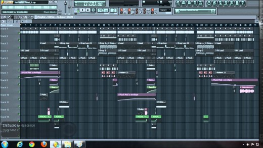 This is a portion of an electronically produced song using FL Studio.  It shows how many different sounds can be used, and at what points to group them together so that there isn't too much going on at any given point of the track.