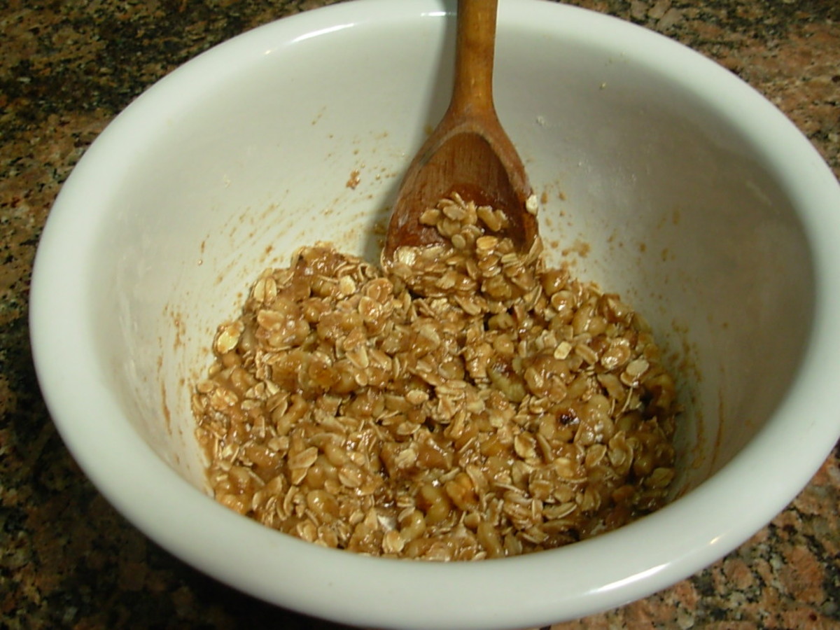 A sticky mixture is formed when the honey is mixed into the dry ingredients.