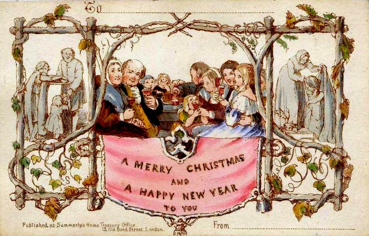 This card was commissioned by Sir Henry Cole and illustrated by John Callcott Horsley in London on the 1st of May 1843. A thousand cards were lithographed, but only about a dozen survived. 