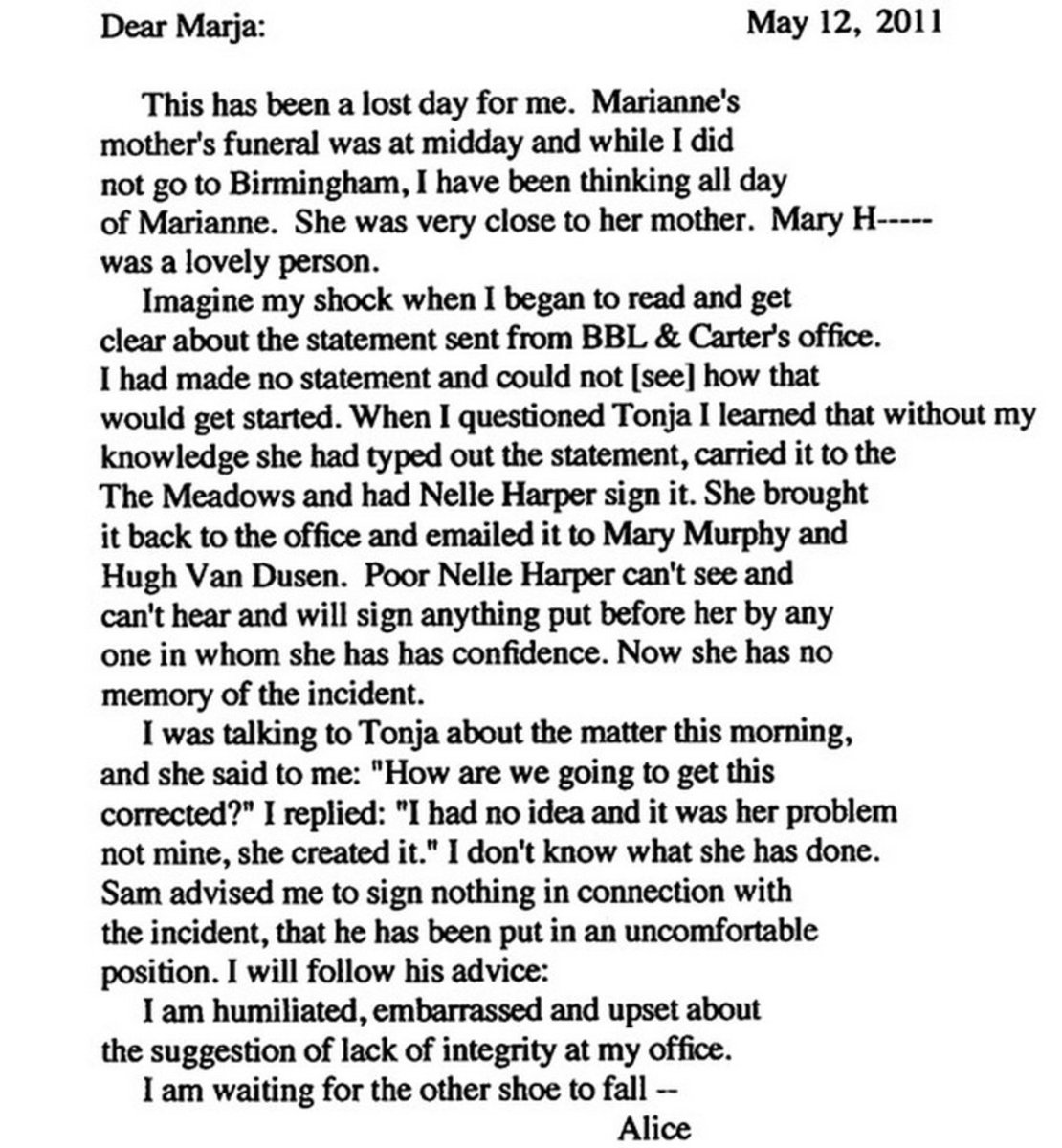 Alice Lee's letter to Marja Mills in 2011