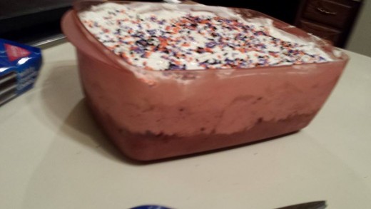 Homemade Ice Cream "Cake". Layer of one ice cream.  Layer of crushed cookies mixed with liquid chocolate "shell" that will harden when cooled. Layer of second ice cream.  Top with whipped cream and sprinkles if desired.  $10.