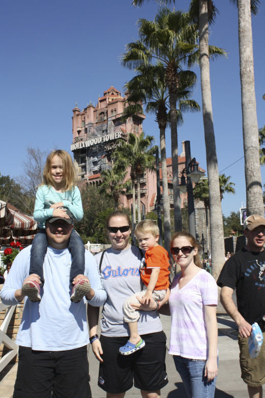 In front of the Tower of Terror... Sweets was about to ride it for the first time! (She's only just turned 5 in this pic)