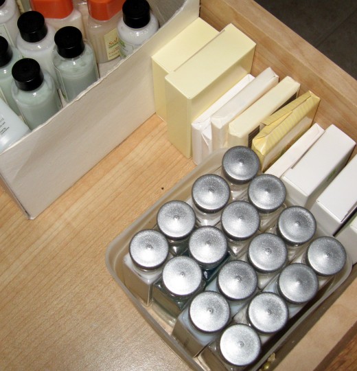 Here's the shampoo bottles and soaps from umpteen hotel stays. Now really, when am I going to use these all up? 