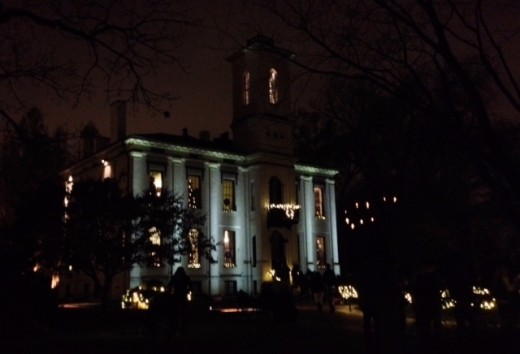 Henry Shaw's Victorian Home, beautifully lit up at night. 