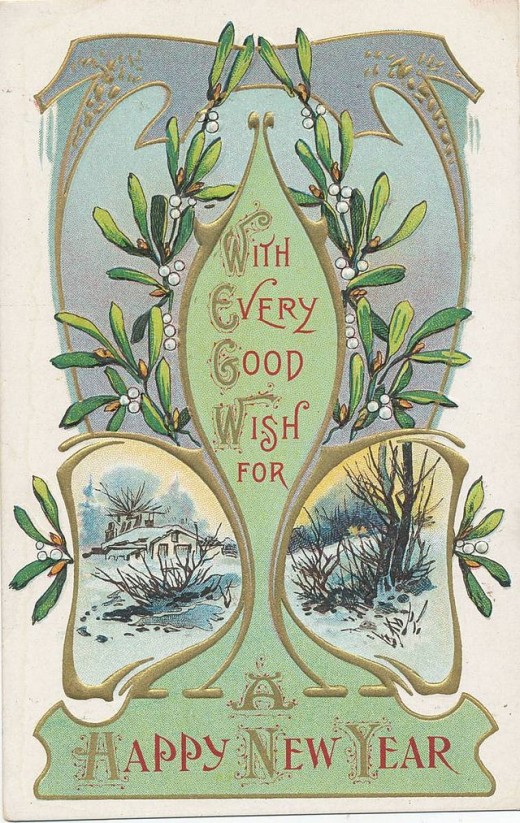 A 1900 Christmas postcard represening mistletloes (Viscum album), one of the several species associated with the celebration of life in winter time.