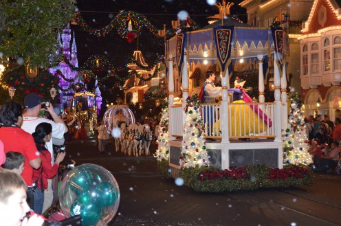 Walt Disney World's The Magic Kingdom stages a holiday parade for guests who buy a party ticket. From 7 p.m. to Midnight, all other guests are gone and only party guests enjoy short lines, cocoa, cookies and Disney magic.