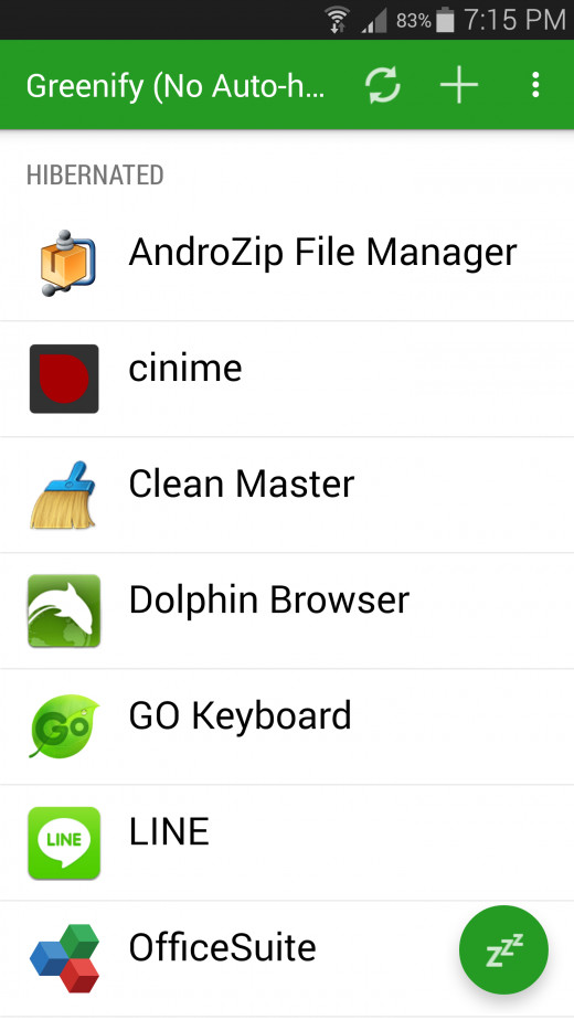Preview of Greenify interface.