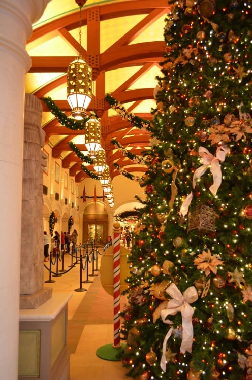 The lobby of the Coronado Springs Resort at Walt Disney World is festively decorated in November with Christmas-holiday décor.