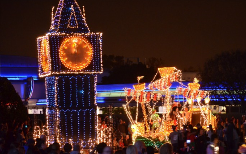 The Tower of London and Captain Hook's ship come to life during Disney's Main Street Electrical Parade on Thanksgiving night at Walt Disney World's The Magic Kingdom.