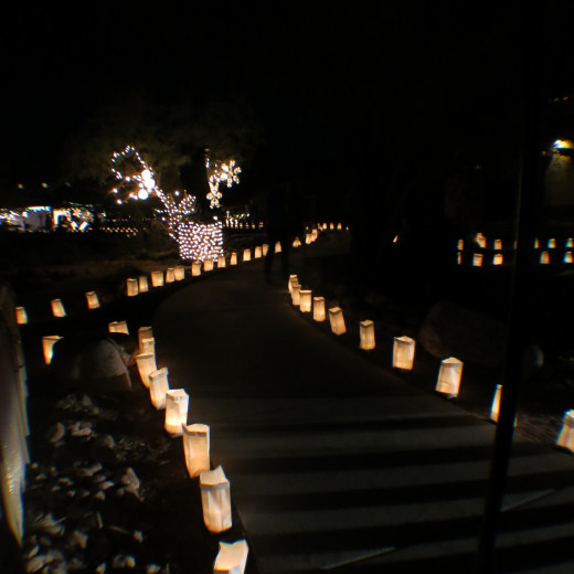 Farolitos illuminate a path through the dark in Tubac, AZ during Christmas Season