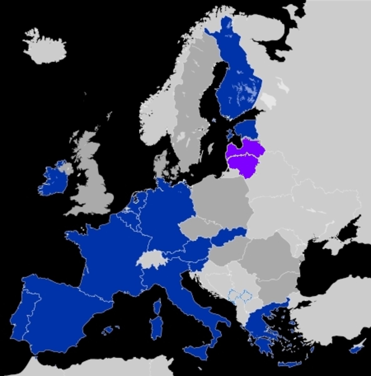 The 19 Eurozone countries (whose currency is the Euro) in dark blue and purple (Latvia and Lithuania joined in 2014 and 2015 respectively are purple).