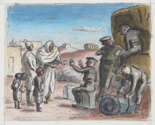 This is an interesting piece of art called, "Arabs Bartering Eggs for Tea near Sirte."  1942 - It looks like some people are bartering with soldiers. 