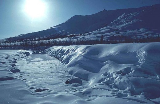 Sun shining on and reflecting off of the snow.  