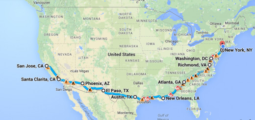The route me and three friends took across the country.  Nights spent in Phoenix, El Paso, Austin, New Orleans, Atlanta, Richmond, D.C., and New York.  Memories made in many cities and places in between,  