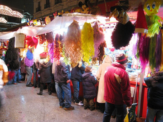 Wigs for sale at night in Madrid.