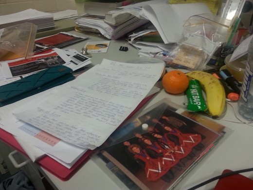 And this is my desk in the lead up to our music and dance event mid-year - in both cases, some organised storage would have made it easier to get on with things when needed and stop when needed.
