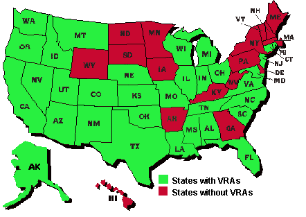 States in green presently have VRAs.  States in red do not have VRAs.
