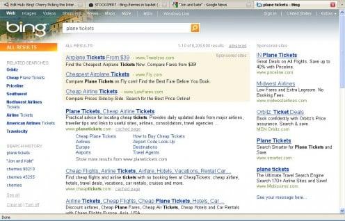 Bing searches for Plane Tickets. Note the search history at left.