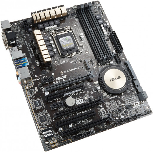 The Asus Z97-A is a mid-range motherboard that's jampacked with features for the power user in mind. These include 5-way optimization, Turbo App, Remote Go, and for audiophiles Crystal Sound 2.