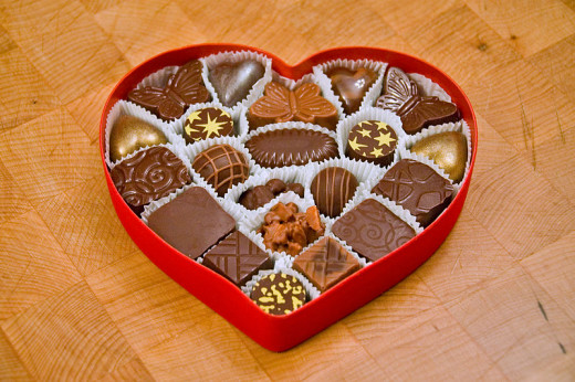 Valentine's chocolates in a heart shape box.