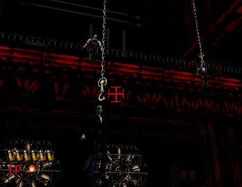 Zombies ride hooks down to challenge the player. 